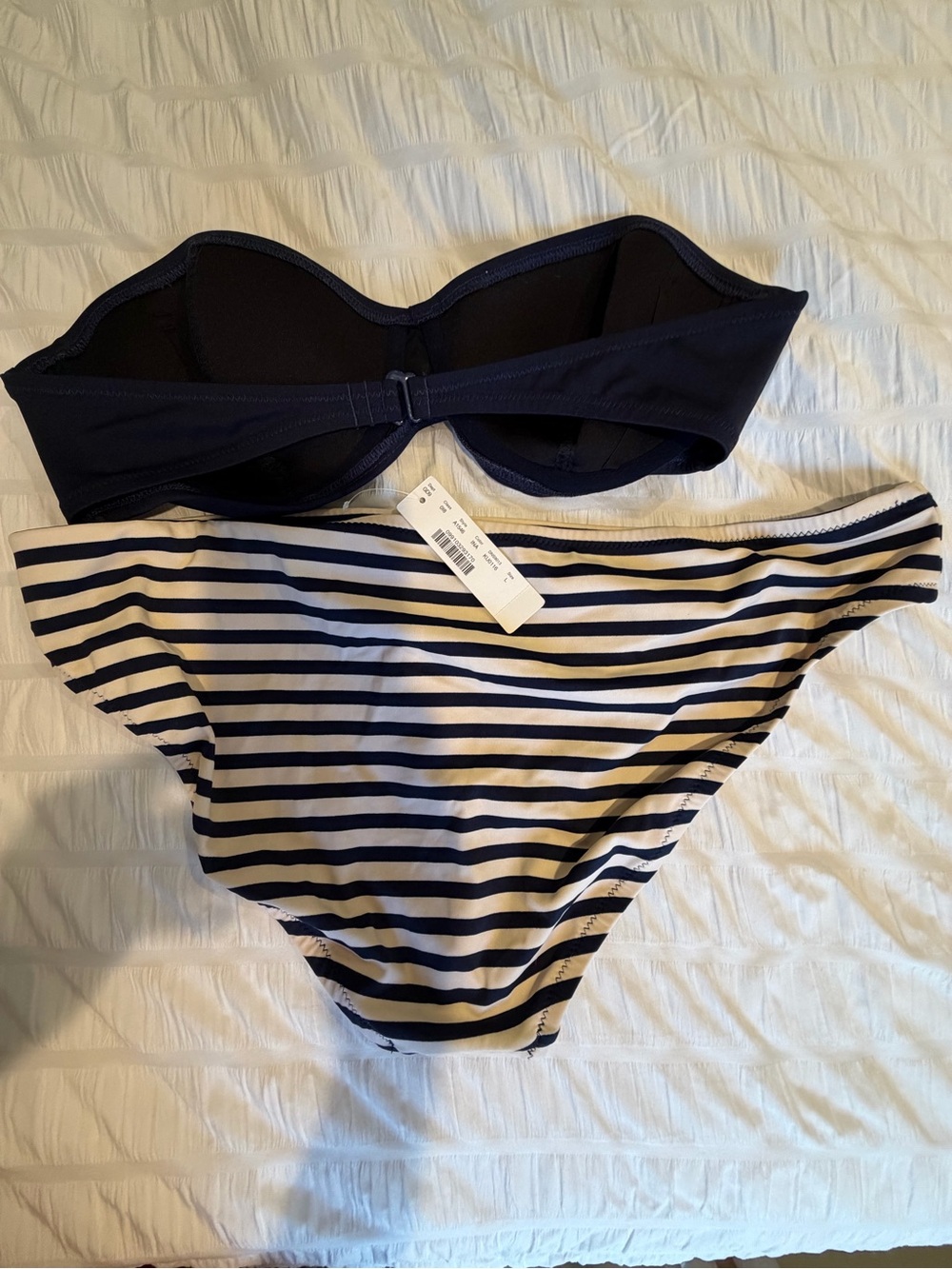 JCrew Navy Strapless Bikini Top & Navy-White Striped Bottoms